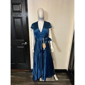 New Fashion Teal Blue Satin Maxi Gown V-Neck Cap Sleeve Formal Dress NWT